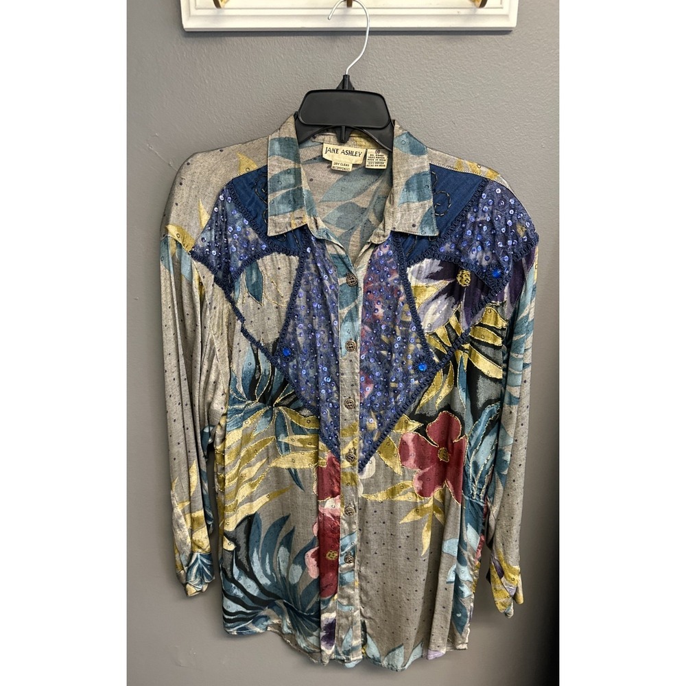 Vintage Jane Ashley Medium Patchwork Beaded Sequin Tunic Blouse Button Top